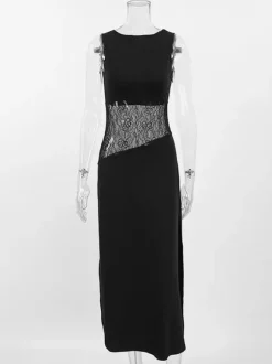 Robe de soirée noire et blanche moulante midi sans manches taille en dentelle découpée sans manches.
