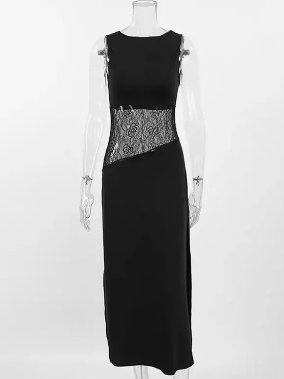 Robe de soirée noire et blanche moulante midi sans manches taille en dentelle découpée sans manches.