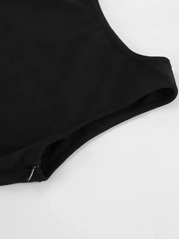 Robe de soirée noire et blanche moulante midi sans manches taille en dentelle découpée sans manches.