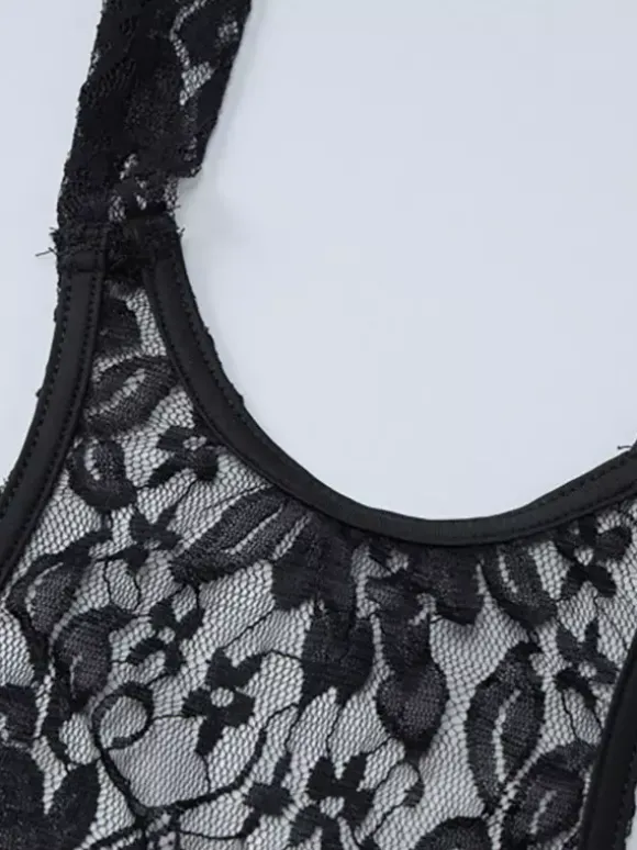 Robe de soirée noire à imprimé floral sans manches dos nu transparente
