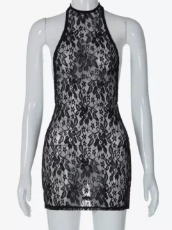 Robe de soirée noire à imprimé floral sans manches dos nu transparente