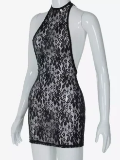 Robe de soirée noire à imprimé floral sans manches dos nu transparente