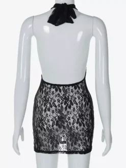 Robe de soirée noire à imprimé floral sans manches dos nu transparente