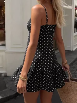 Robe de soirée noire à pois débardeur à volants mini-robe fluide d'été