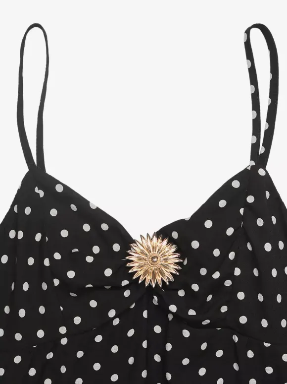 Robe de soirée noire à pois débardeur à volants mini-robe fluide d'été