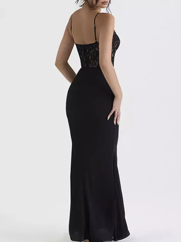 Robe de soirée noire sans manches à bretelles et col montant