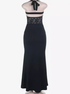 Robe de soirée noire sirène maxi dos nu en dentelle ajourée taille froncée