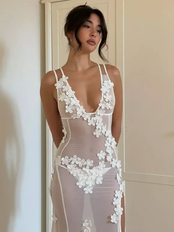 Robe de soirée pour femme blanche à col V fleuri sans manches et dos nu robe sexy