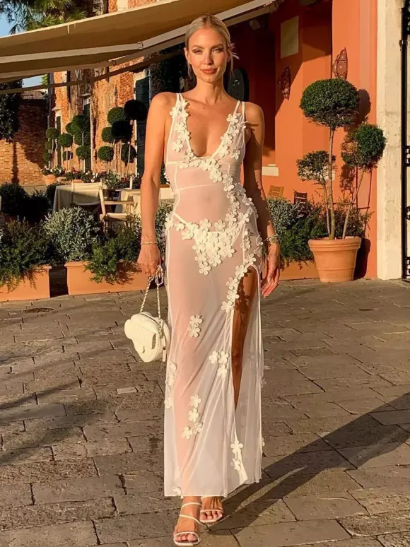 Robe de soirée pour femme blanche à col V fleuri sans manches et dos nu robe sexy