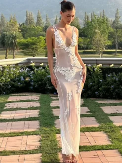 Robe de soirée pour femme blanche à col V fleuri sans manches et dos nu robe sexy