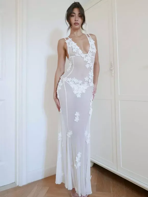 Robe de soirée pour femme blanche à col V fleuri sans manches et dos nu robe sexy