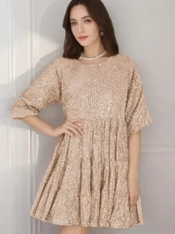 Robe de soirée pour femme rose col bijou sequins manches courtes sexy