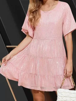 Robe de soirée pour femme rose col bijou sequins manches courtes sexy