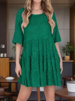 Robe de soirée pour femme rose col bijou sequins manches courtes sexy