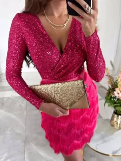 Robe de soirée pour femme rose col en V sequins manches longues polyester robe sexy