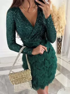 Robe de soirée pour femme rose col en V sequins manches longues polyester robe sexy