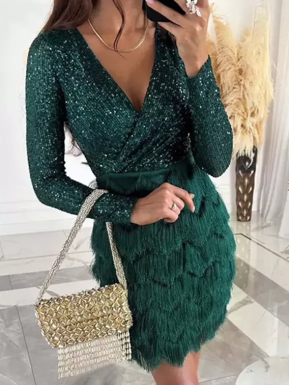 Robe de soirée pour femme rose col en V sequins manches longues polyester robe sexy
