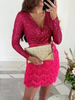 Robe de soirée pour femme rose col en V sequins manches longues polyester robe sexy