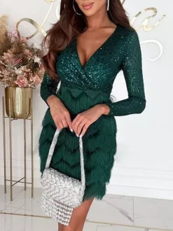 Robe de soirée pour femme rose col en V sequins manches longues polyester robe sexy