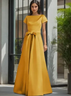 Robe de soirée pour la mère de la mariée col en V manches courtes ligne A ceinture robes d'invitées de mariage