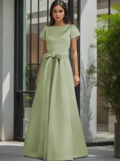 Robe de soirée pour la mère de la mariée col en V manches courtes ligne A ceinture robes d'invitées de mariage