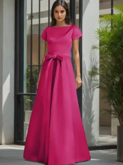 Robe de soirée pour la mère de la mariée col en V manches courtes ligne A ceinture robes d'invitées de mariage