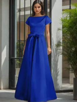 Robe de soirée pour la mère de la mariée col en V manches courtes ligne A ceinture robes d'invitées de mariage