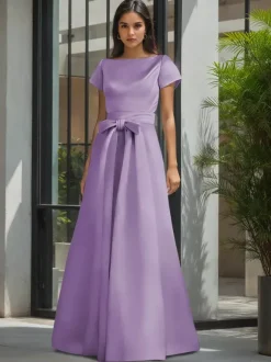 Robe de soirée pour la mère de la mariée col en V manches courtes ligne A ceinture robes d'invitées de mariage