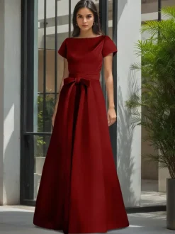 Robe de soirée pour la mère de la mariée col en V manches courtes ligne A ceinture robes d'invitées de mariage