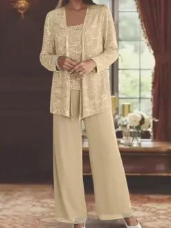 Robe de soirée pour la mère de la mariée col en bijoux manches longues deux pièces paillettes longueur cheville robes d'invité pour mariage