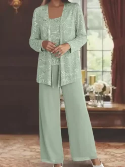 Robe de soirée pour la mère de la mariée col en bijoux manches longues deux pièces paillettes longueur cheville robes d'invité pour mariage
