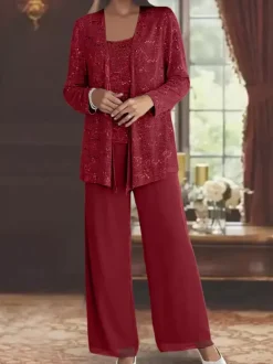 Robe de soirée pour la mère de la mariée col en bijoux manches longues deux pièces paillettes longueur cheville robes d'invité pour mariage