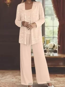 Robe de soirée pour la mère de la mariée col en bijoux manches longues deux pièces paillettes longueur cheville robes d'invité pour mariage