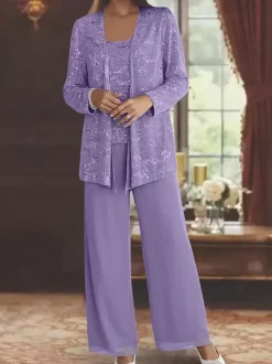 Robe de soirée pour la mère de la mariée col en bijoux manches longues deux pièces paillettes longueur cheville robes d'invité pour mariage