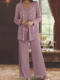 Robe de soirée pour la mère de la mariée col en bijoux manches longues deux pièces paillettes longueur cheville robes d'invité pour mariage