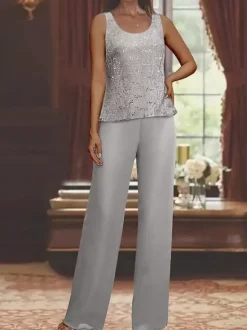 Robe de soirée pour la mère de la mariée col en bijoux manches longues deux pièces paillettes longueur cheville robes d'invité pour mariage