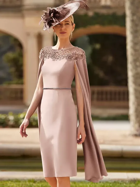 Robe de soirée pour la mère de la mariée col en bijoux manches longues fourreau fleurs robes d'invitées pour mariage