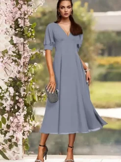 Robe de soirée pour la mère de la mariée col en V manches courtes A-ligne plissé thé longueur robes d'invité de mariage personnalisation gratuite