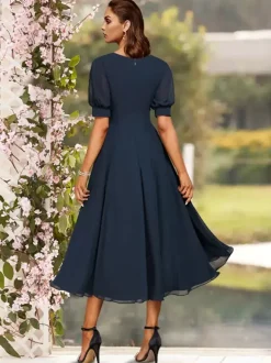 Robe de soirée pour la mère de la mariée col en V manches courtes A-ligne plissé thé longueur robes d'invité de mariage personnalisation gratuite