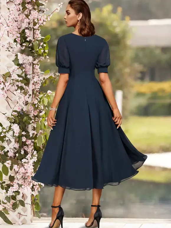 Robe de soirée pour la mère de la mariée col en V manches courtes A-ligne plissé thé longueur robes d'invité de mariage personnalisation gratuite