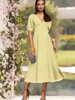 Robe de soirée pour la mère de la mariée col en V manches courtes A-ligne plissé thé longueur robes d'invité de mariage personnalisation gratuite