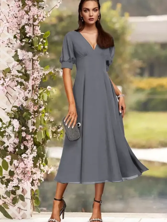Robe de soirée pour la mère de la mariée col en V manches courtes A-ligne plissé thé longueur robes d'invité de mariage personnalisation gratuite
