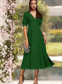 Robe de soirée pour la mère de la mariée col en V manches courtes A-ligne plissé thé longueur robes d'invité de mariage personnalisation gratuite