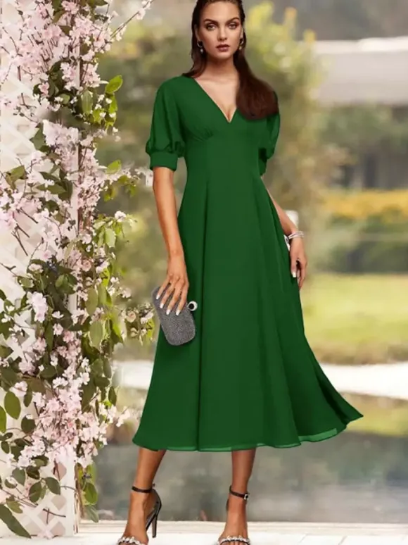 Robe de soirée pour la mère de la mariée col en V manches courtes A-ligne plissé thé longueur robes d'invité de mariage personnalisation gratuite