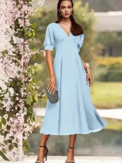 Robe de soirée pour la mère de la mariée col en V manches courtes A-ligne plissé thé longueur robes d'invité de mariage personnalisation gratuite