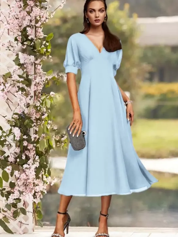 Robe de soirée pour la mère de la mariée col en V manches courtes A-ligne plissé thé longueur robes d'invité de mariage personnalisation gratuite
