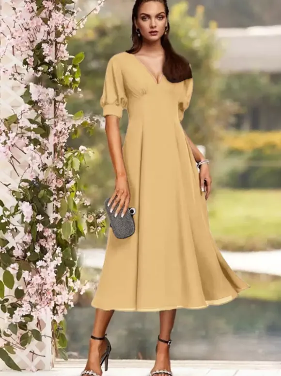 Robe de soirée pour la mère de la mariée col en V manches courtes A-ligne plissé thé longueur robes d'invité de mariage personnalisation gratuite