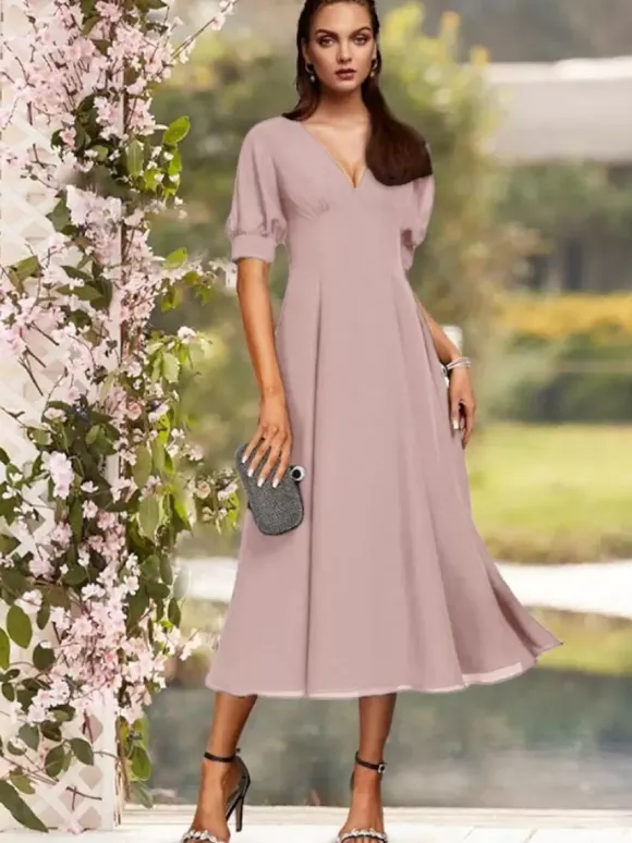 Robe de soirée pour la mère de la mariée col en V manches courtes A-ligne plissé thé longueur robes d'invité de mariage personnalisation gratuite