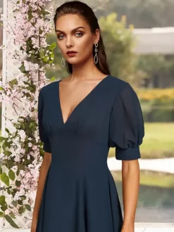 Robe de soirée pour la mère de la mariée col en V manches courtes A-ligne plissé thé longueur robes d'invité de mariage personnalisation gratuite