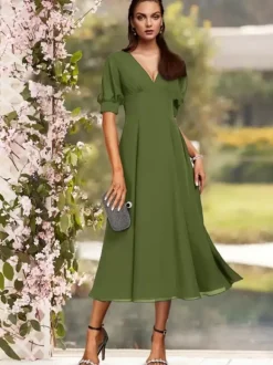 Robe de soirée pour la mère de la mariée col en V manches courtes A-ligne plissé thé longueur robes d'invité de mariage personnalisation gratuite